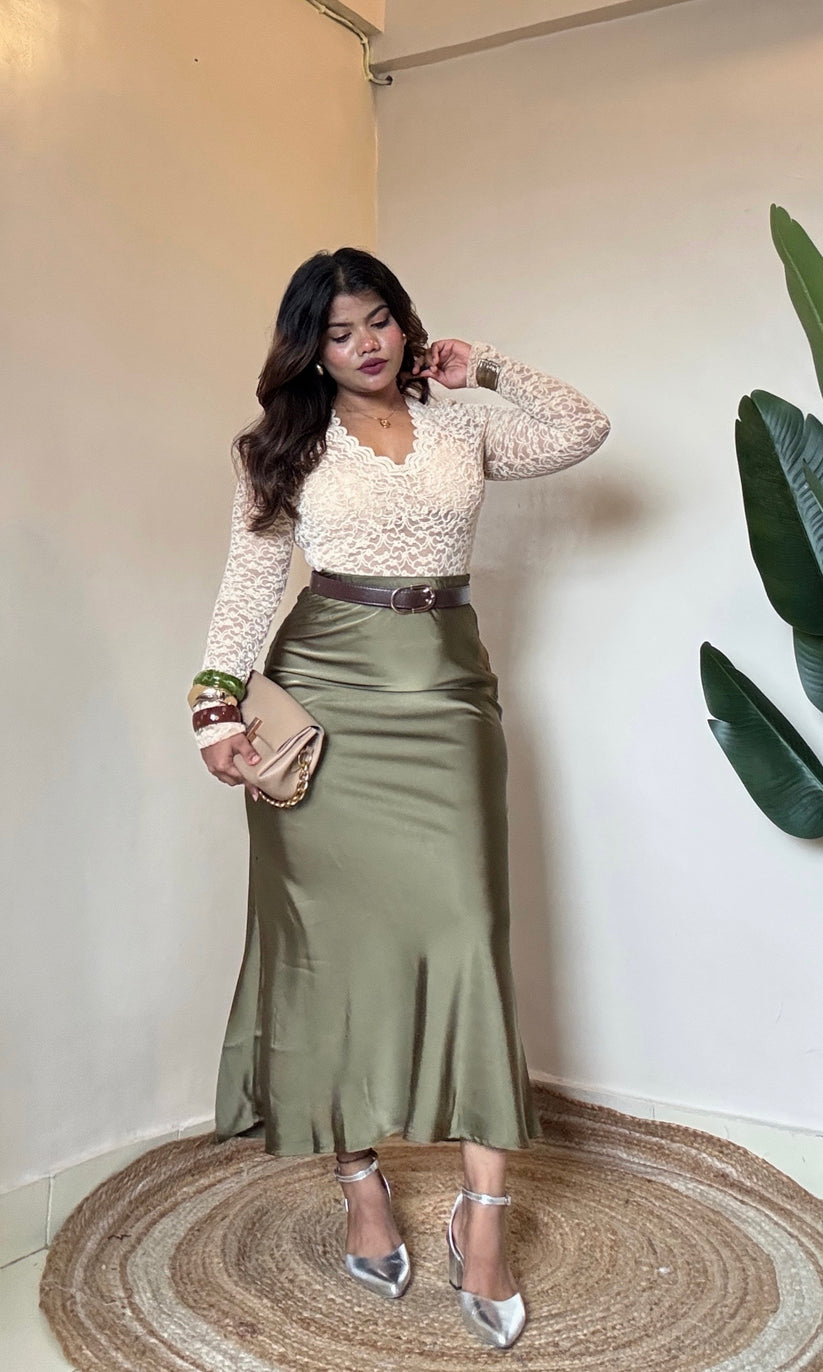 Bestseller Premium Olive Green Satin Skirt