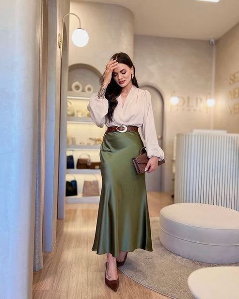 Bestseller Premium Olive Green Satin Skirt