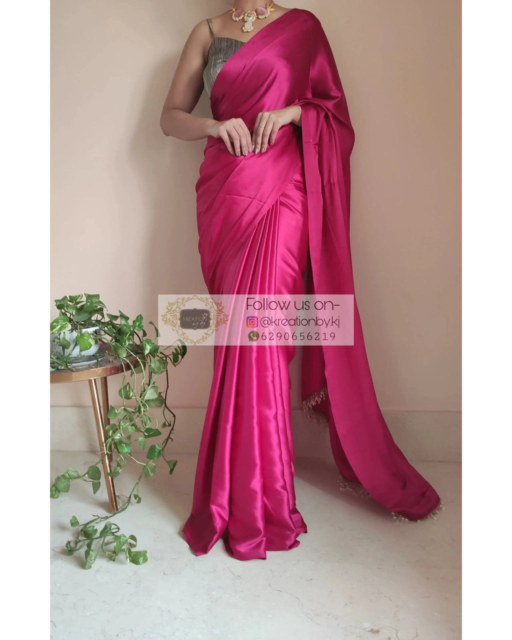 Hot Pink Satin Silk One Minute Saree