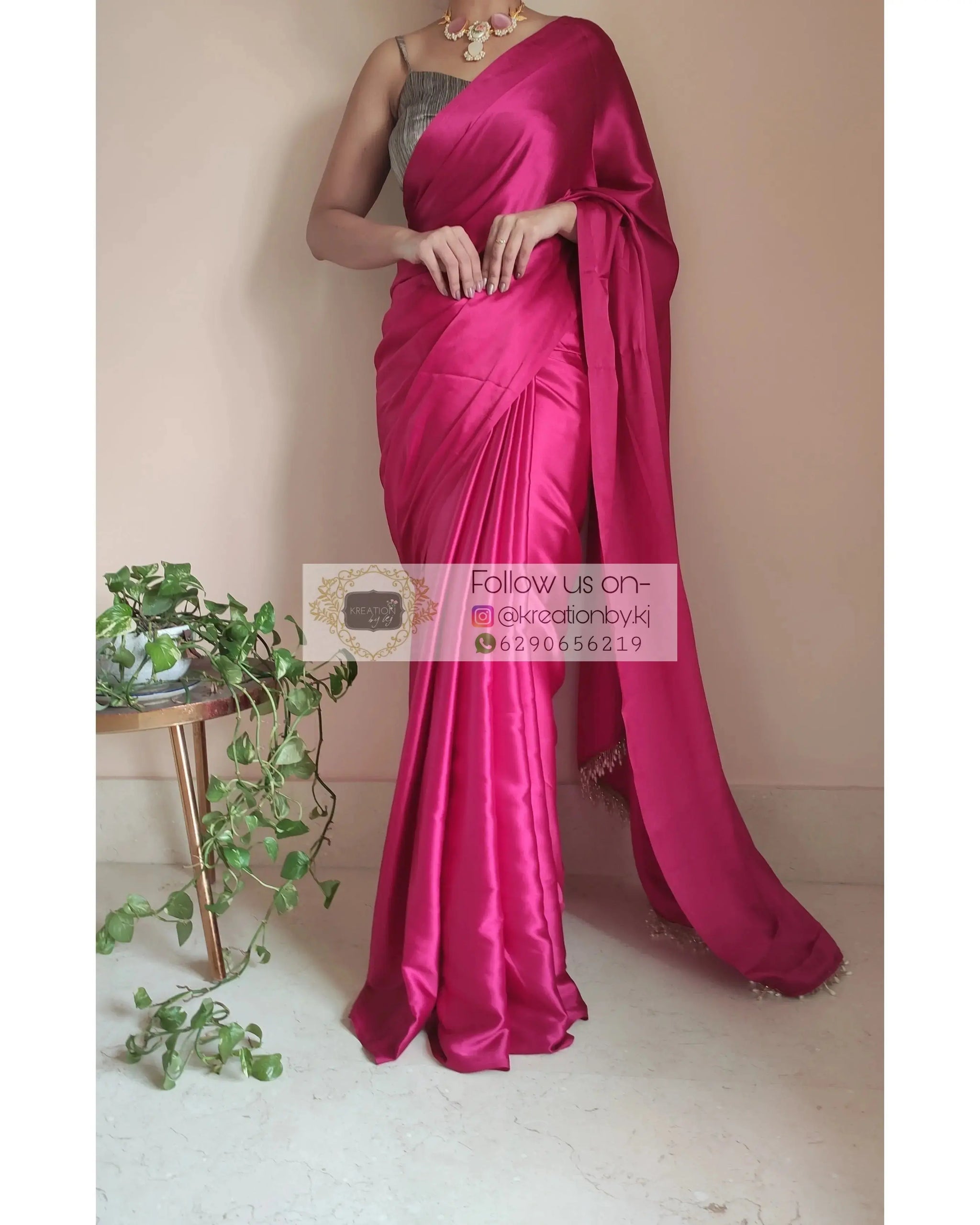 Hot Pink Satin Silk One Minute Saree