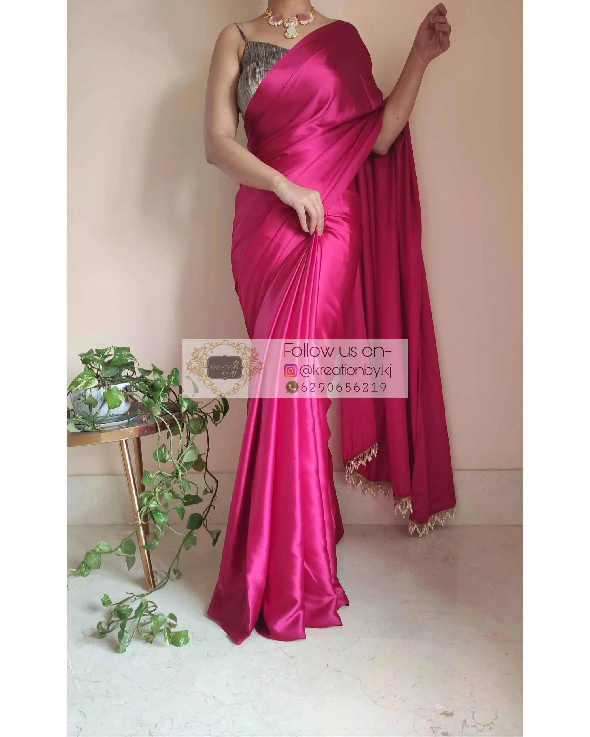 Hot Pink Satin Silk One Minute Saree