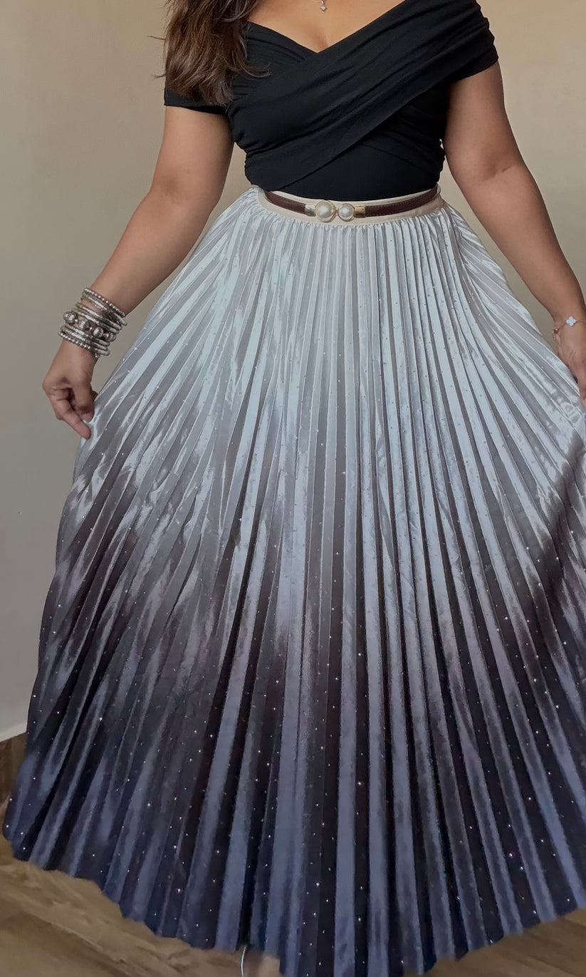Ombre Satin Rhinestone Pleated Skirt