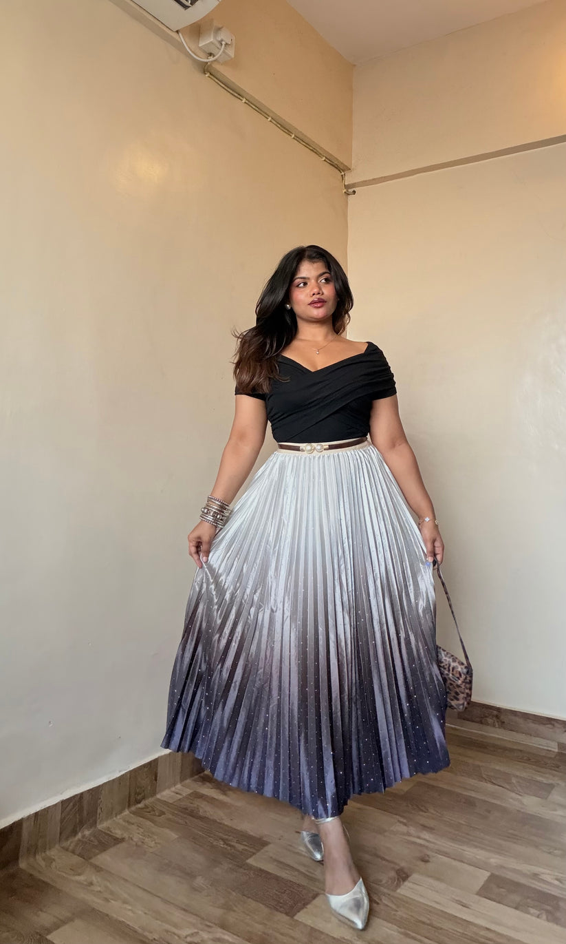 Ombre Satin Rhinestone Pleated Skirt