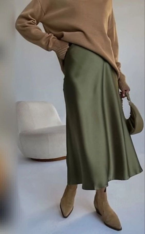 Bestseller Premium Olive Green Satin Skirt