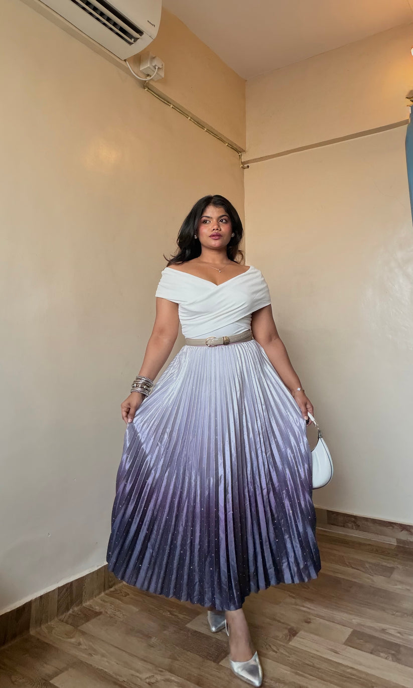 Ombre Satin Rhinestone Pleated Skirt