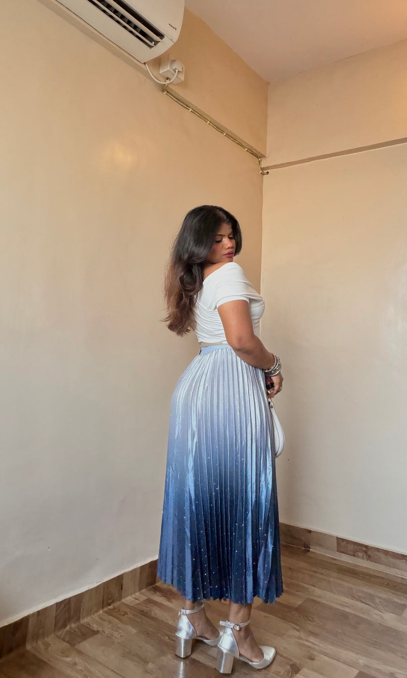 Ombre Satin Rhinestone Pleated Skirt