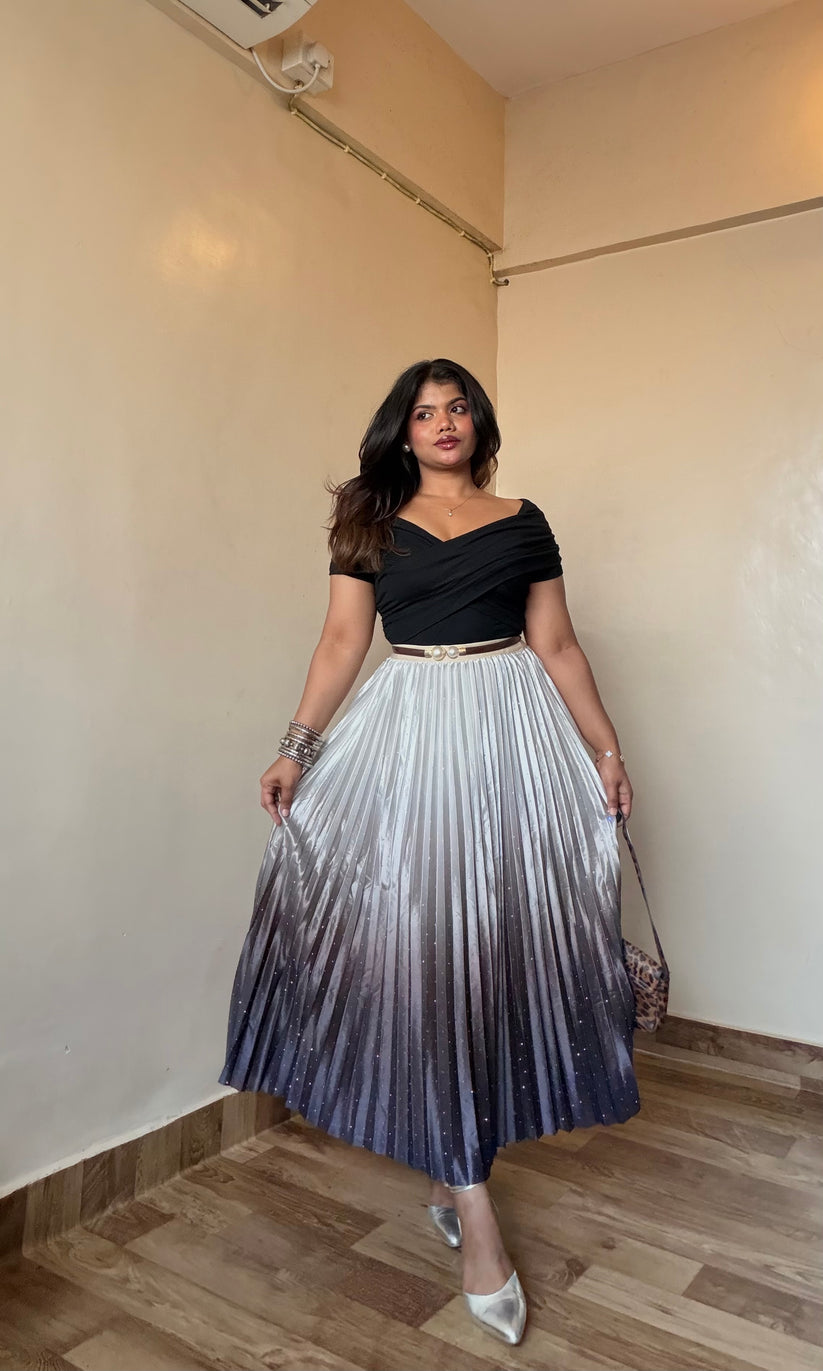 Ombre Satin Rhinestone Pleated Skirt