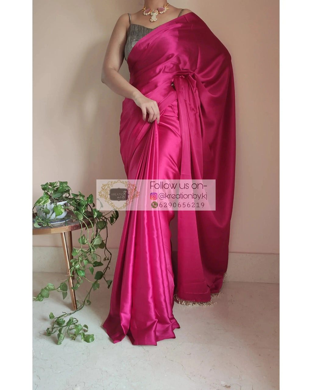 Hot Pink Satin Silk One Minute Saree