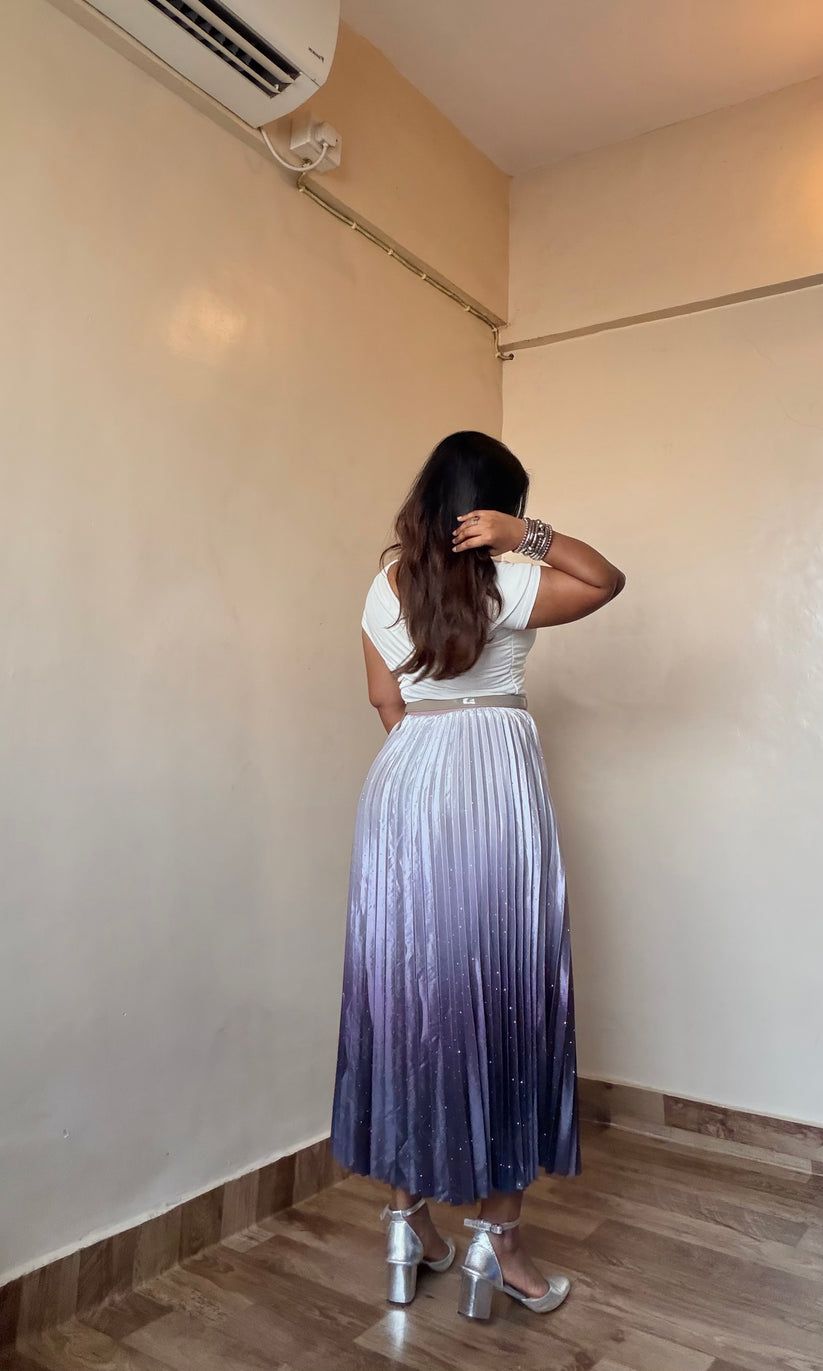 Ombre Satin Rhinestone Pleated Skirt