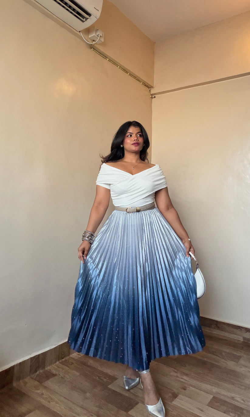 Ombre Satin Rhinestone Pleated Skirt
